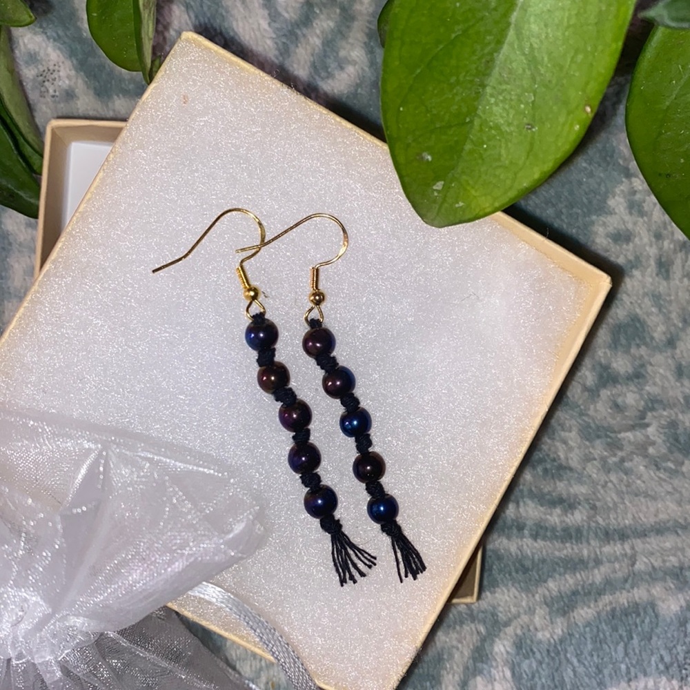 Hand Crafted Macrame Style Beaded Fringe Galaxy Theme Gold Toned Dangle Earrings